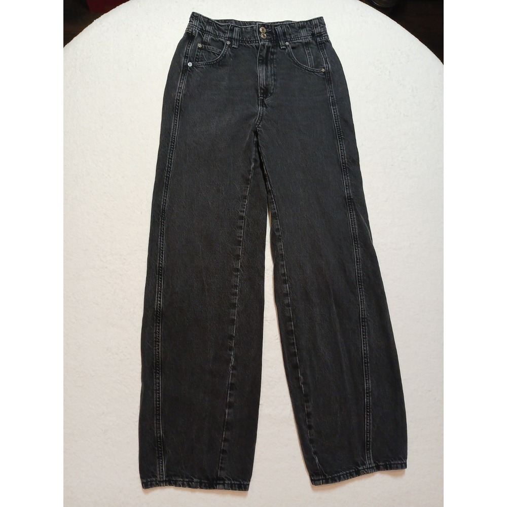 Free People We The Free Good Luck Barrel Jeans 27 Washed Black Curved Leg Seam